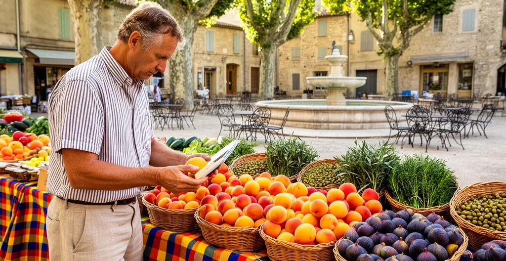 Visiteur flânant entre les étals colorés d'un marché provençal dans les Alpilles