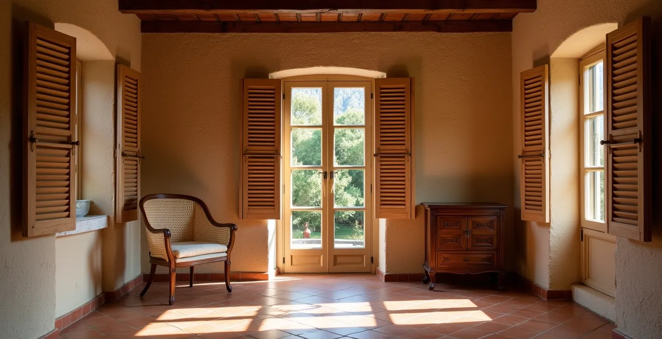 Intérieur frais et ombragé d'un mas provençal avec des volets en bois mi-clos créant des jeux de lumière sur le sol en terre cuite