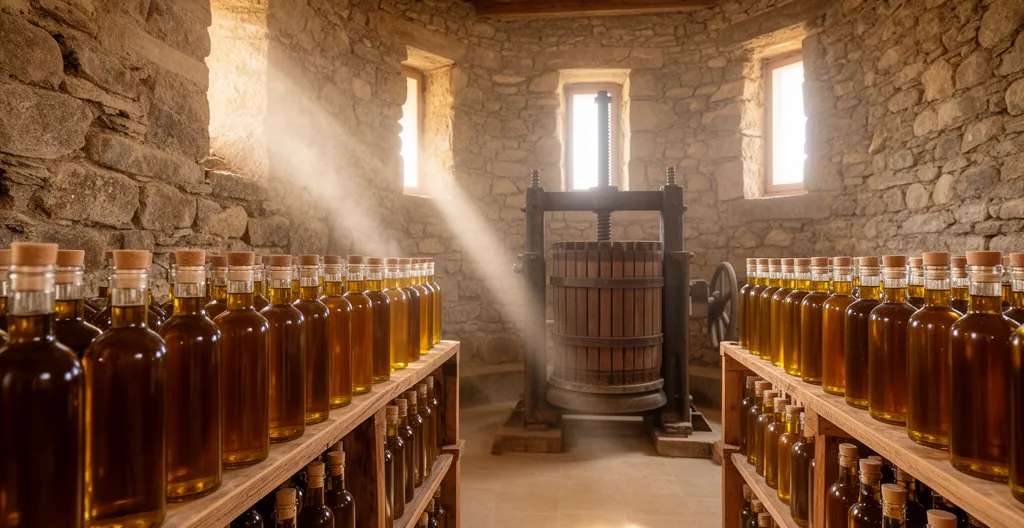 Intérieur de moulin à huile d'olive avec rangées de bouteilles ambrées dans les Alpilles