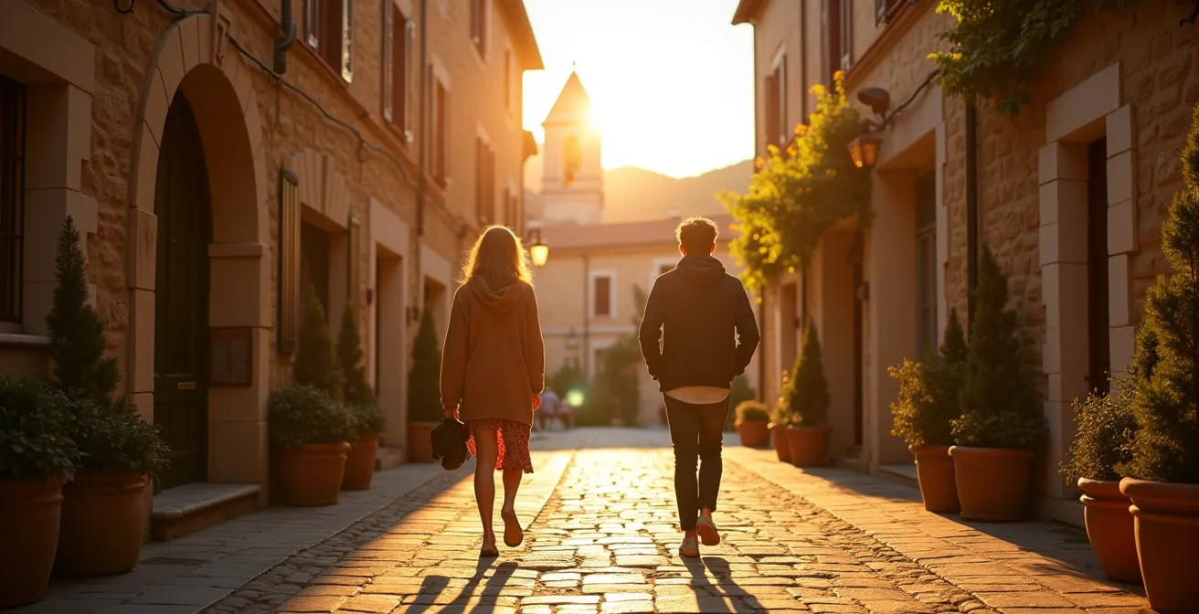 Village de Moustiers-Sainte-Marie baigné dans la lumière dorée du soir avec peu de visiteurs