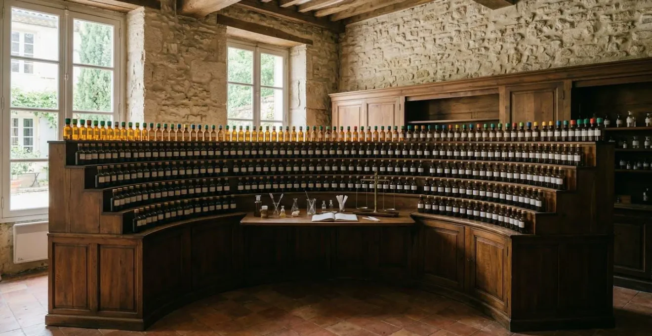 Vue panoramique d'un orgue à parfums traditionnel avec ses centaines de flacons d'essences dans un atelier historique de Grasse