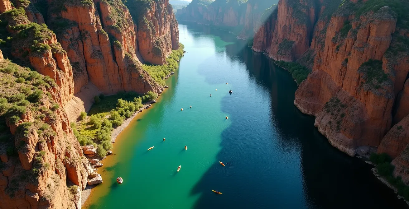 Vue aérienne des Gorges du Verdon montrant le contraste ombre-soleil sur les deux rives avec position du soleil matinal