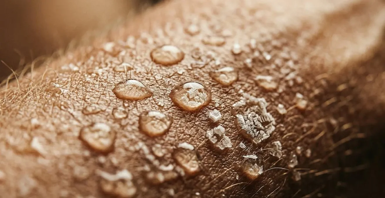 Gros plan macro sur des gouttelettes d'eau de mer chaude perlant sur une peau humaine