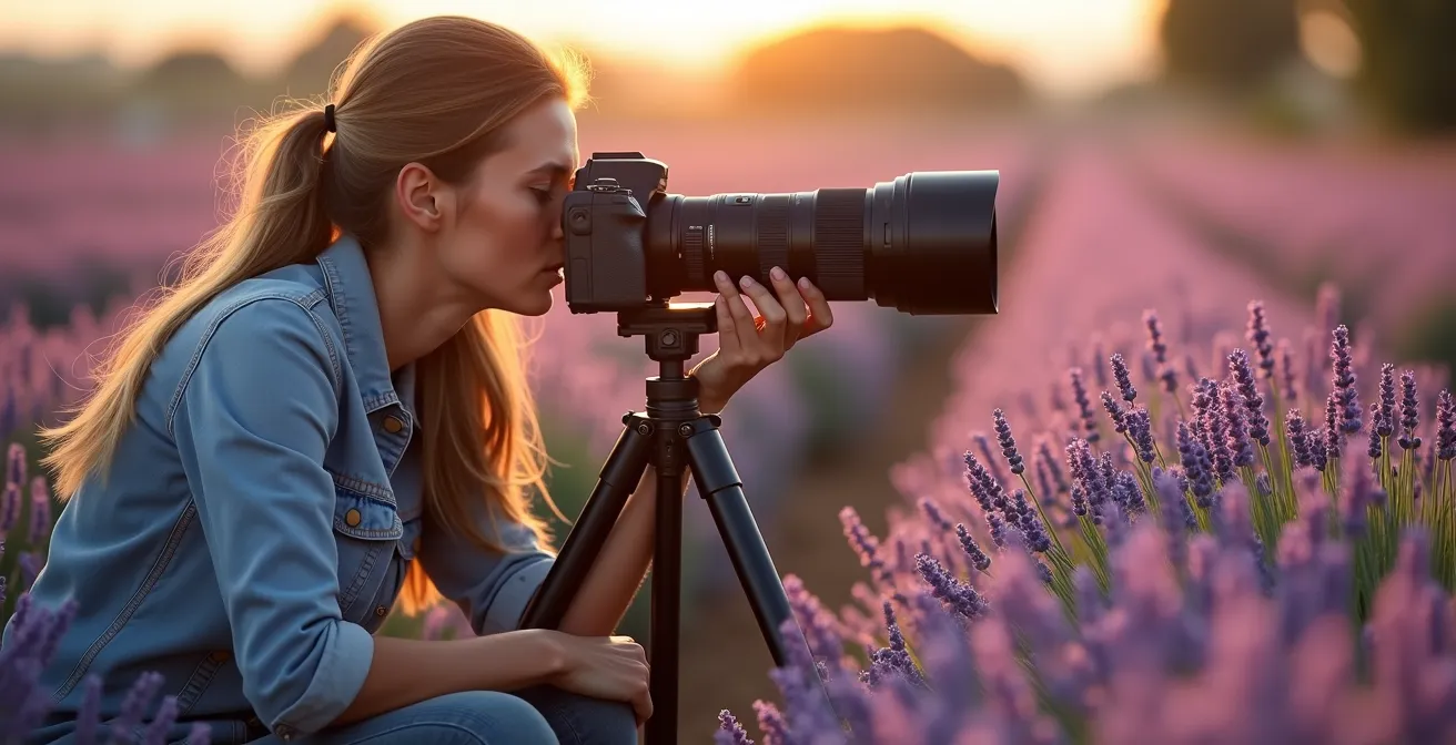 Photographe avec téléobjectif en bordure de champ de lavande sans y entrer