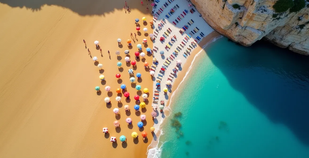 Vue aérienne comparative d'une vaste plage atlantique portugaise et d'une crique croate intime