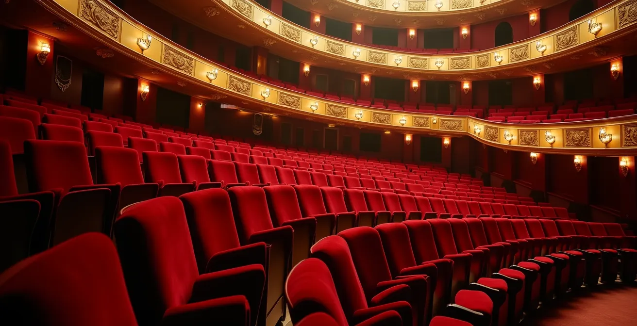 Vue intérieure de la salle de l'Opéra de Marseille depuis le premier balcon montrant la disposition des sièges