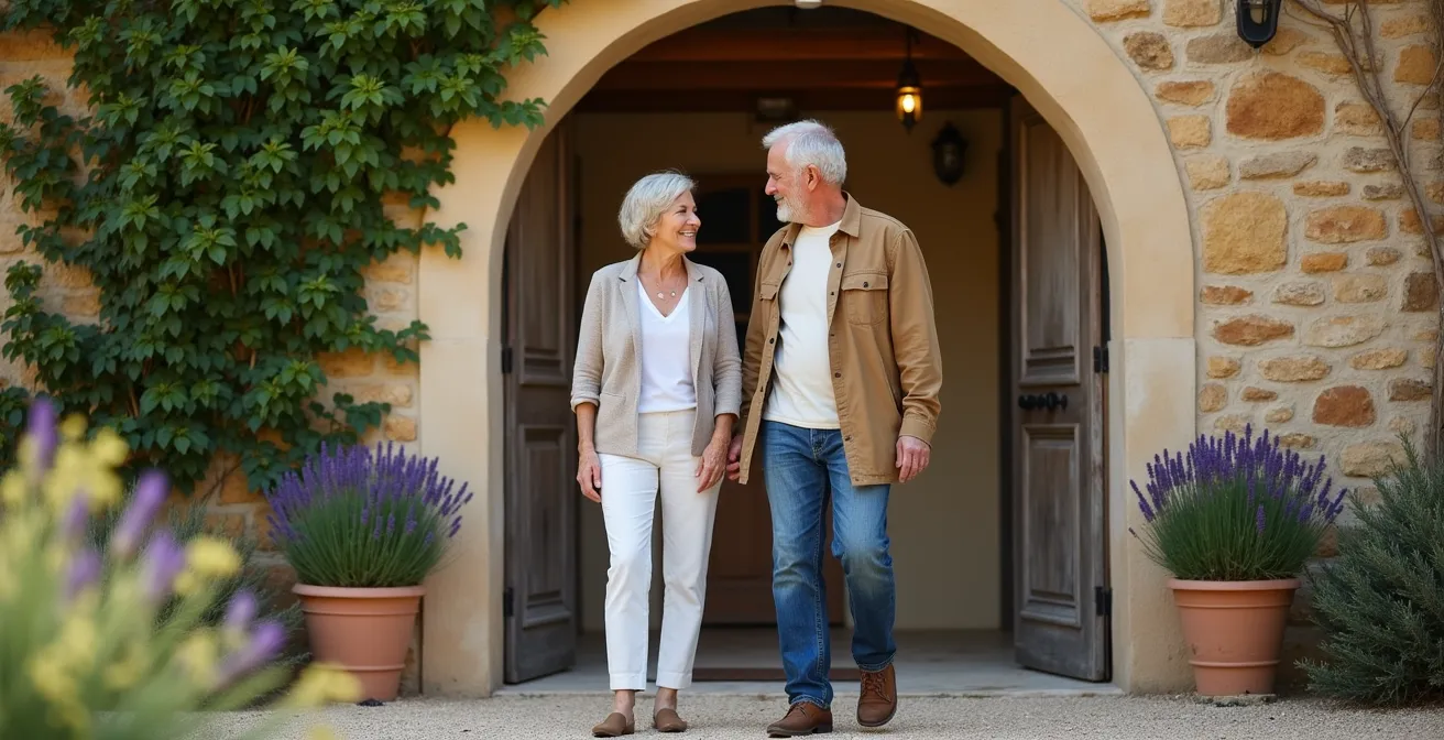 Propriétaire d'hôtel indépendant accueillant chaleureusement un couple de clients dans un mas provençal authentique