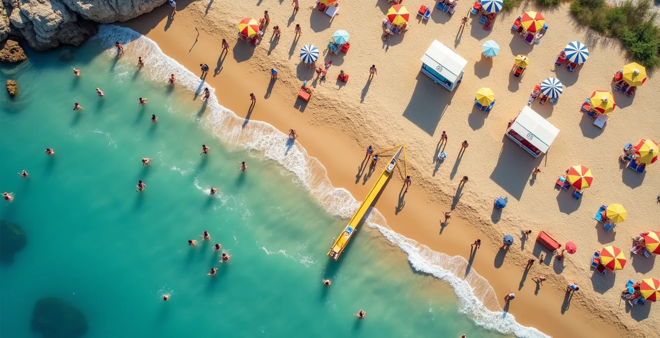 Vue aérienne d'une plage avec système de quadrillage de recherche et postes de secours visibles