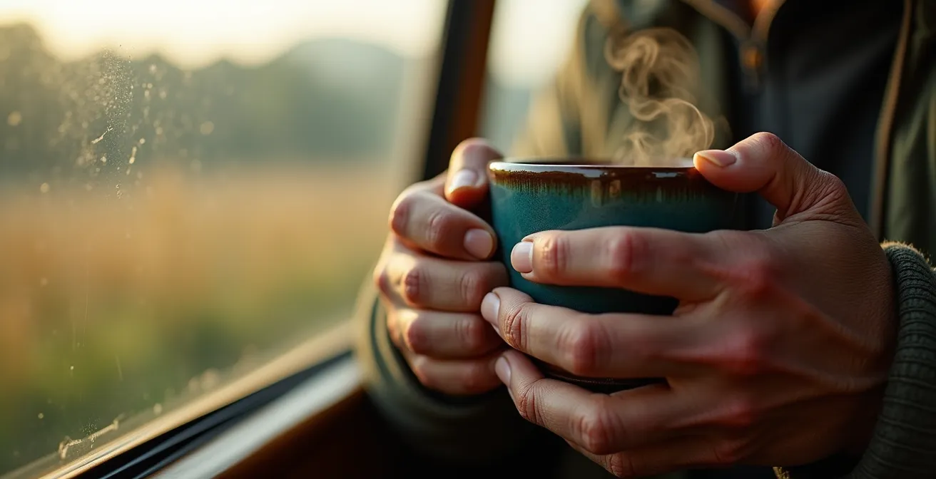 Gros plan sur les mains d'une personne tenant une tasse de café avec un paysage flou en arrière-plan