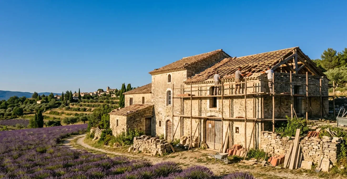 Vue grand angle d'un mas provençal en cours de rénovation avec pierres apparentes et échafaudages