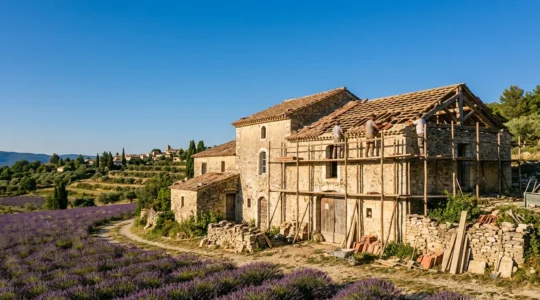 Vue grand angle d'un mas provençal en cours de rénovation avec pierres apparentes et échafaudages