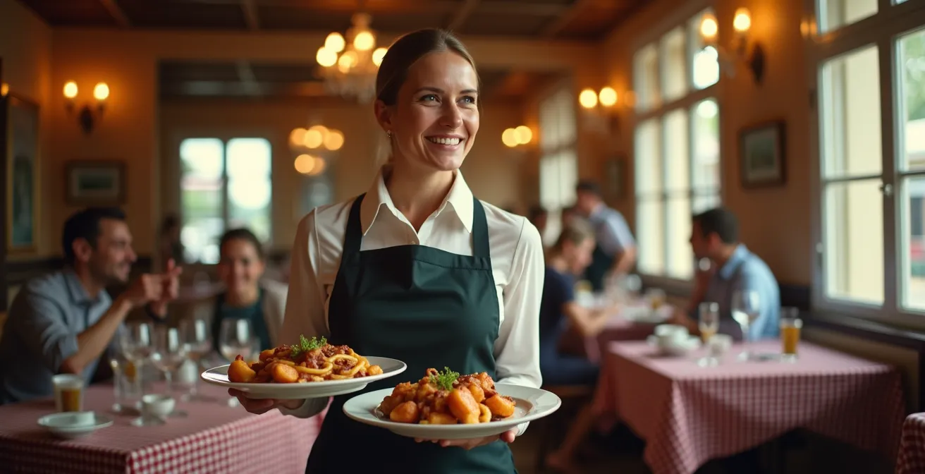 Intérieur chaleureux d'un restaurant routier français traditionnel avec tables en bois et ambiance conviviale