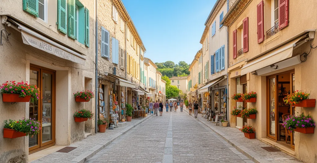 Ruelle pavée avec boutiques artisanales et volets colorés dans un village des Alpilles