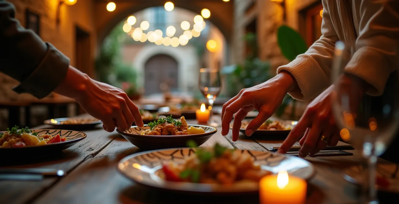 Petite ruelle étroite avec terrasse intime de restaurant caché, éclairée par des guirlandes lumineuses