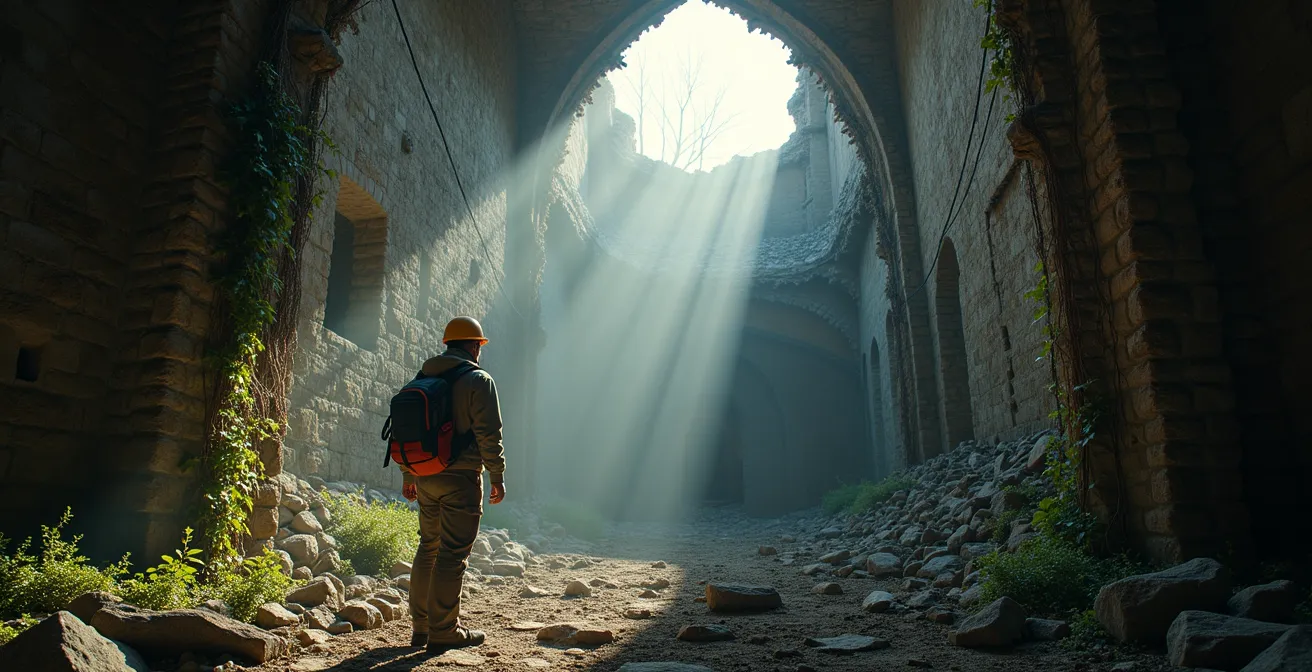 Vue d'une ruine de château envahie par la végétation montrant les dangers structurels