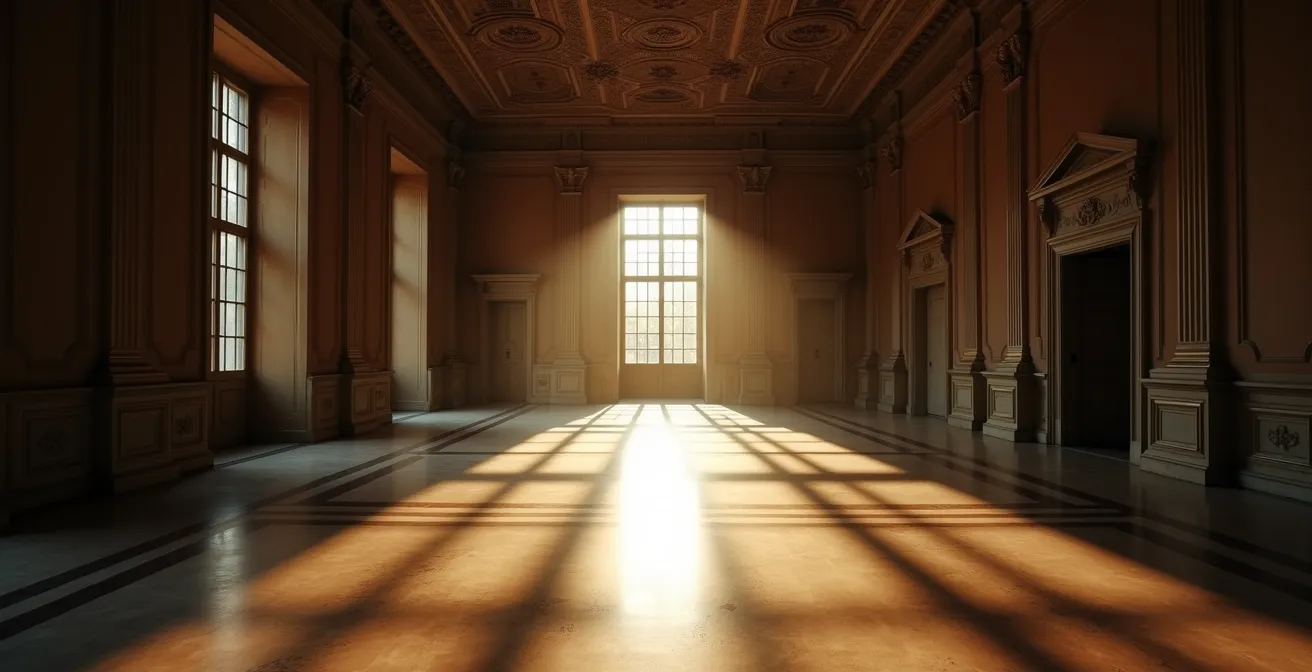 Vue intérieure d'un château historique peu fréquenté avec architecture remarquable