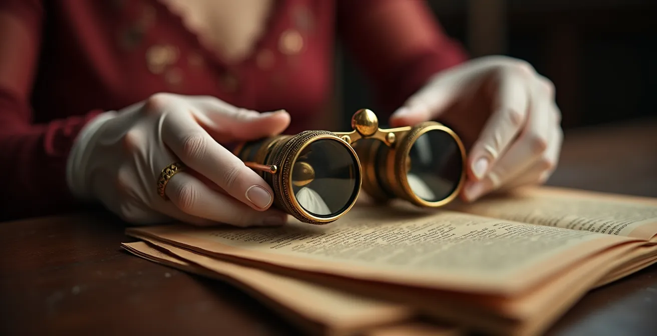 Gros plan sur les mains d'un spectateur tenant un programme d'opéra avec des jumelles de théâtre