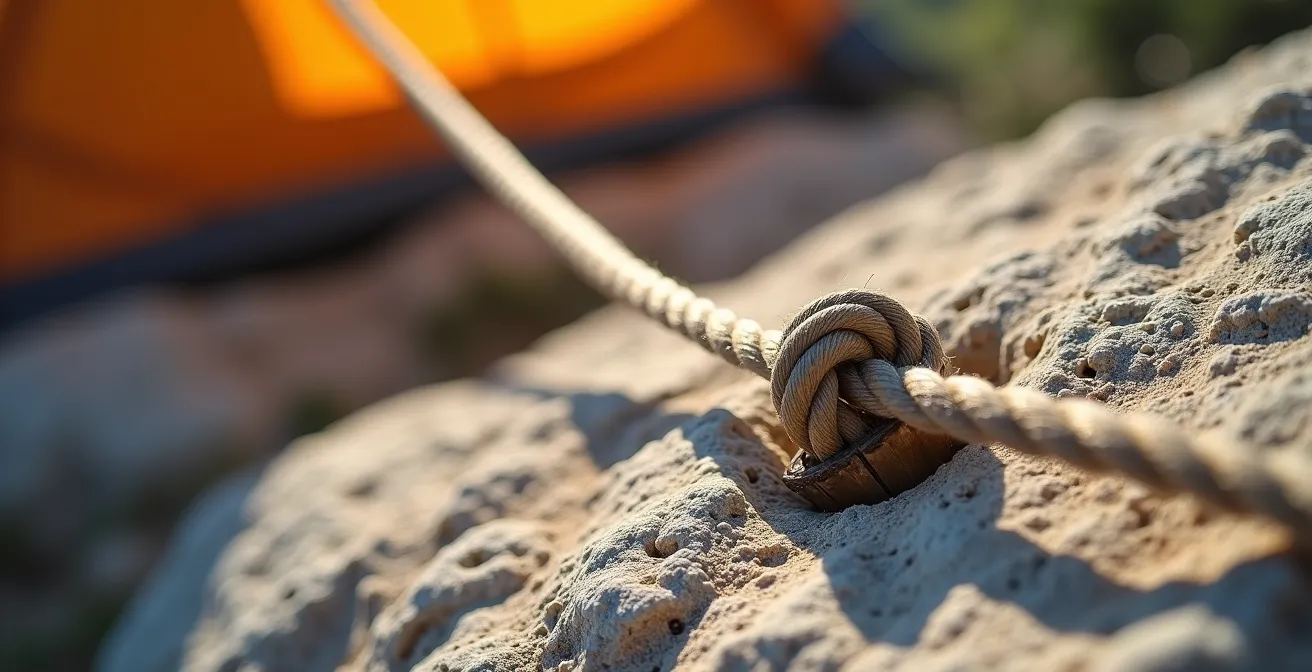 Détail macro d'un système d'ancrage de tente avec sangles et pierres sur sol calcaire