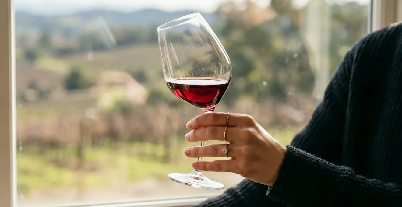 Gros plan sur une main tenant délicatement un verre de vin rouge incliné avec reflets dorés