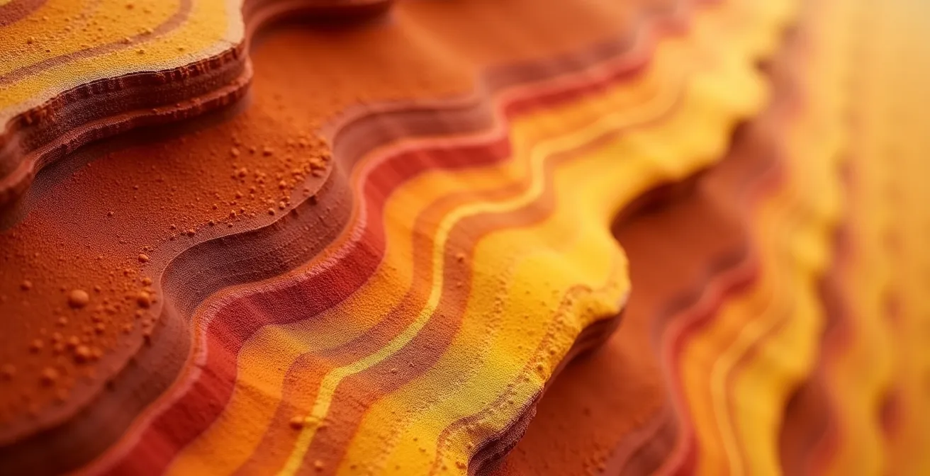 Gros plan macro sur les textures et dégradés d'ocre rouge de Roussillon