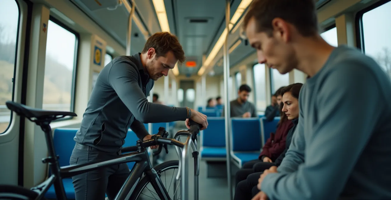 Intérieur d'un wagon TGV montrant l'espace dédié aux vélos avec système de fixation