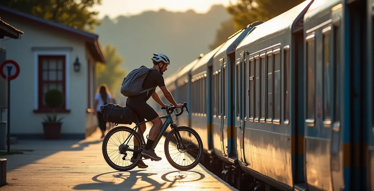 Cycliste chargeant son vélo dans un train régional français