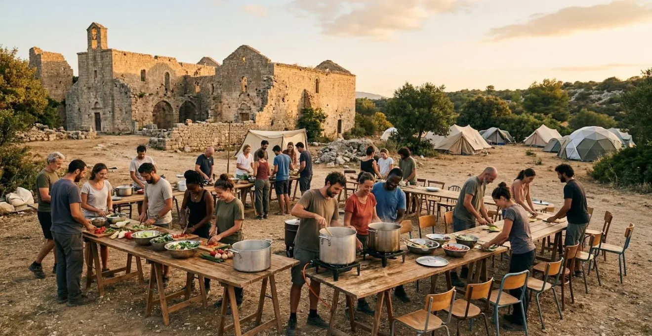Groupe de bénévoles préparant ensemble le repas du soir sur un chantier de restauration
