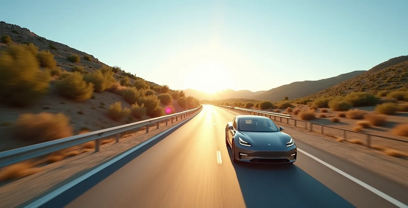 Voiture électrique sur l'autoroute A8 en Provence sous forte chaleur estivale